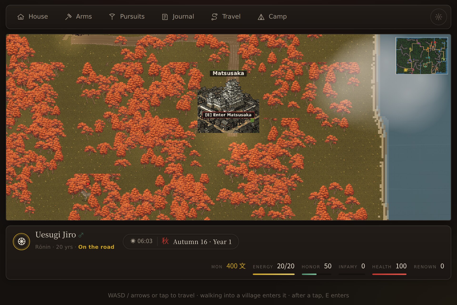 An in-game view of the overworld in autumn — red-leafed forests, a castle-town, a coastline, and a minimap