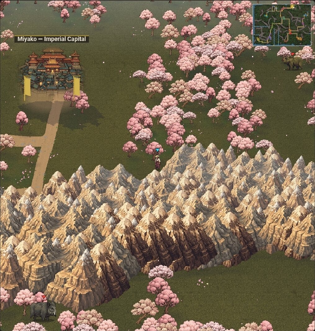 An in-game view of the overworld — the imperial capital, a mountain range, cherry-blossom country, and a minimap